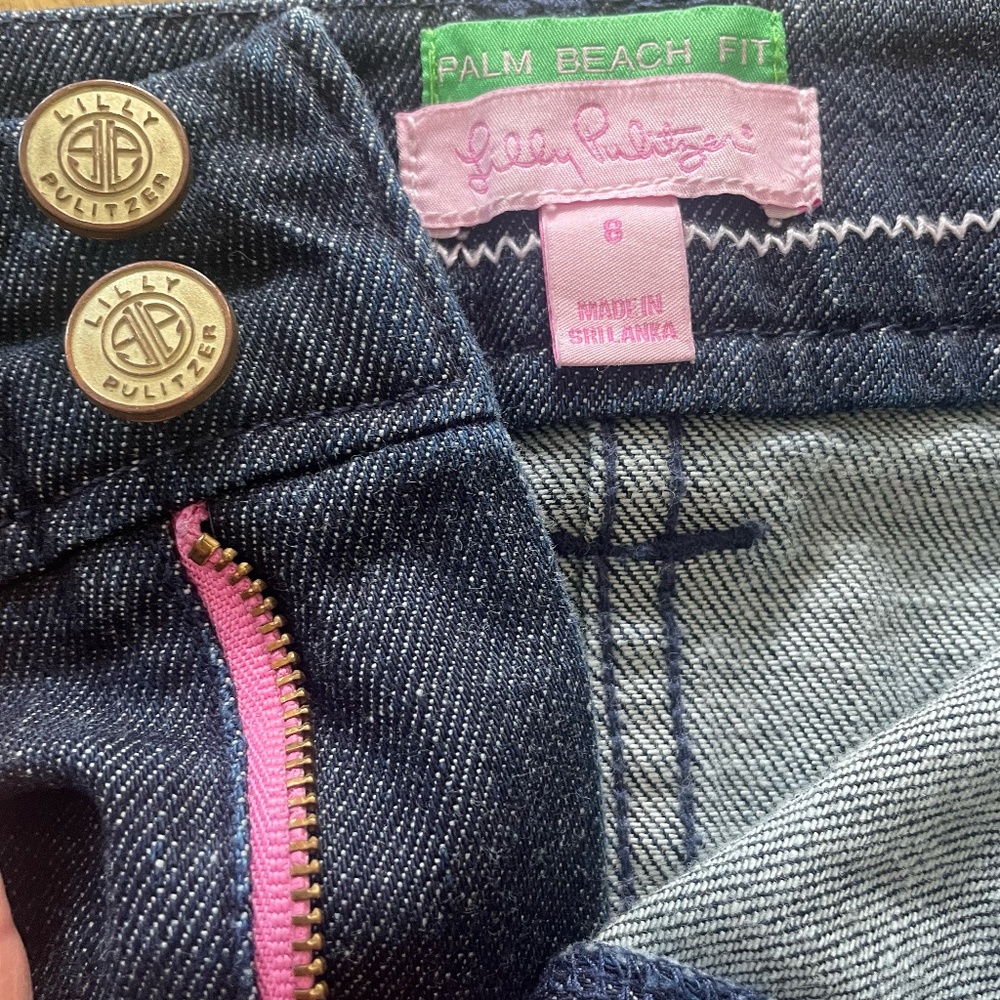 Lilly Pulitzer palm beach fit denim skirt w/ pink embroidered palm tree size 8